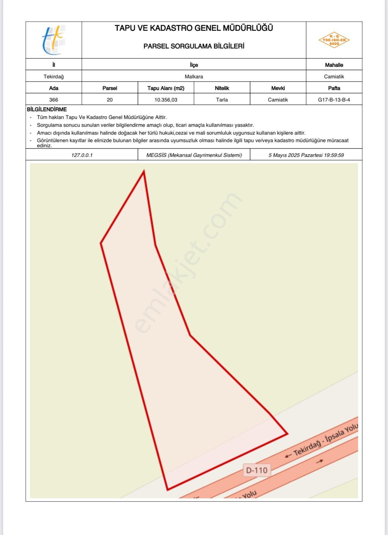 Malkara Merkez De D110 Karayoluna 210metre Cepheli Kaçmaz Fırsat Satılık