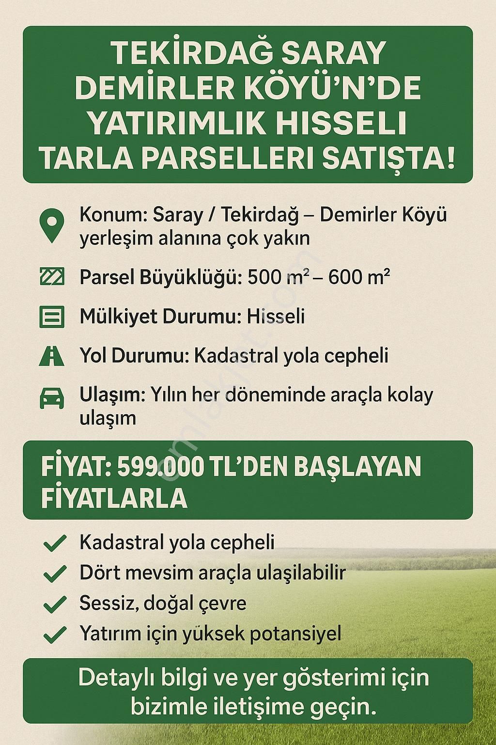 🌿 Tekirdağ Saray Demirler Köyü’nde Yatırımlık Hisseli Tarla Parselleri Satışta!