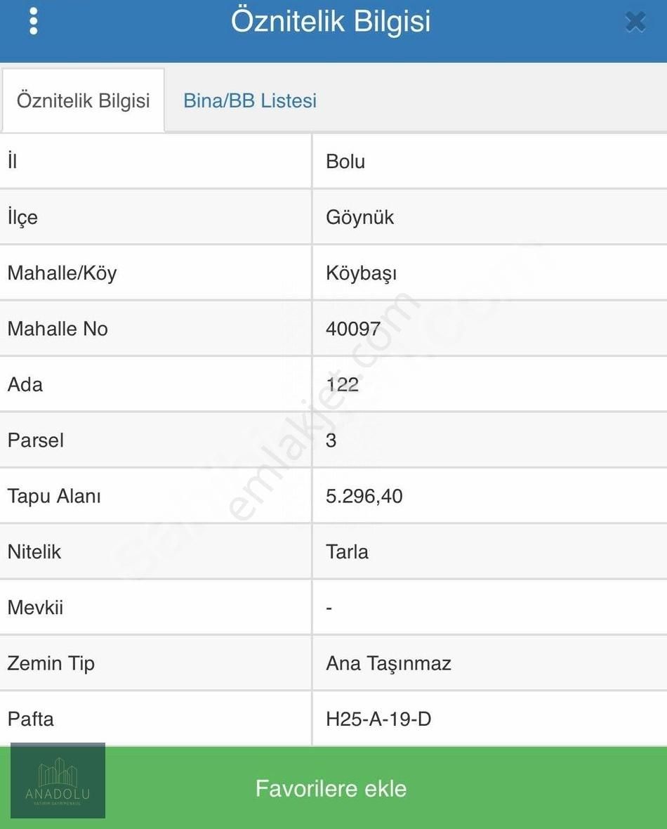 Resmi Yola Cephe Bolu Göynük Satılık Tarla