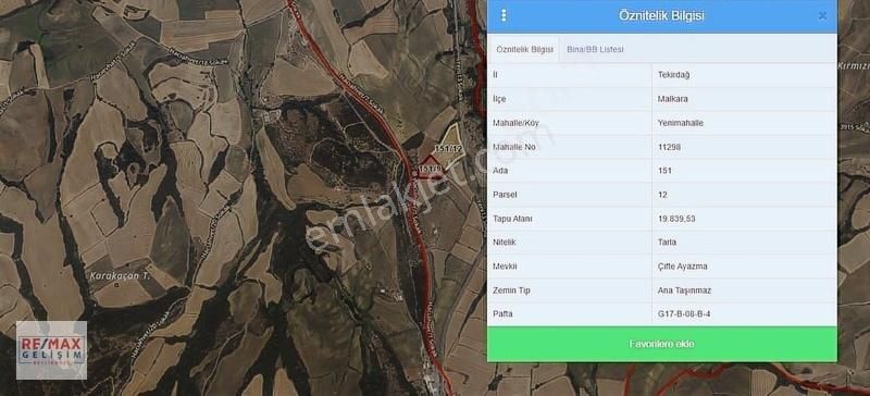 Remax Gelişimden Malkara'da 2 Yola Cephe İmara Ykn Satılık Tarla