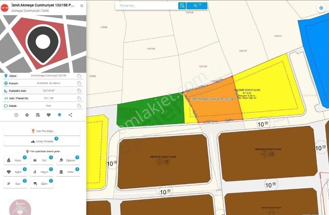 Akmeşede 1237m2 %40 İmarı Mevcut Konut Alanında Arsa