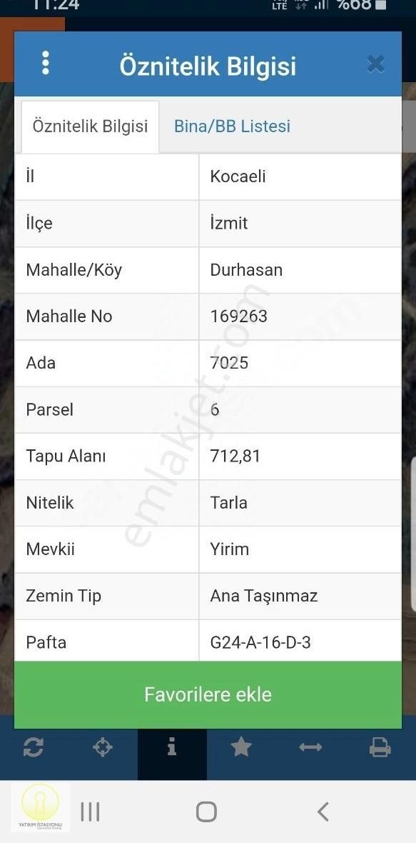 Kocaeli İzmit Durhasan Mah. 712 M² Satılık Tarla