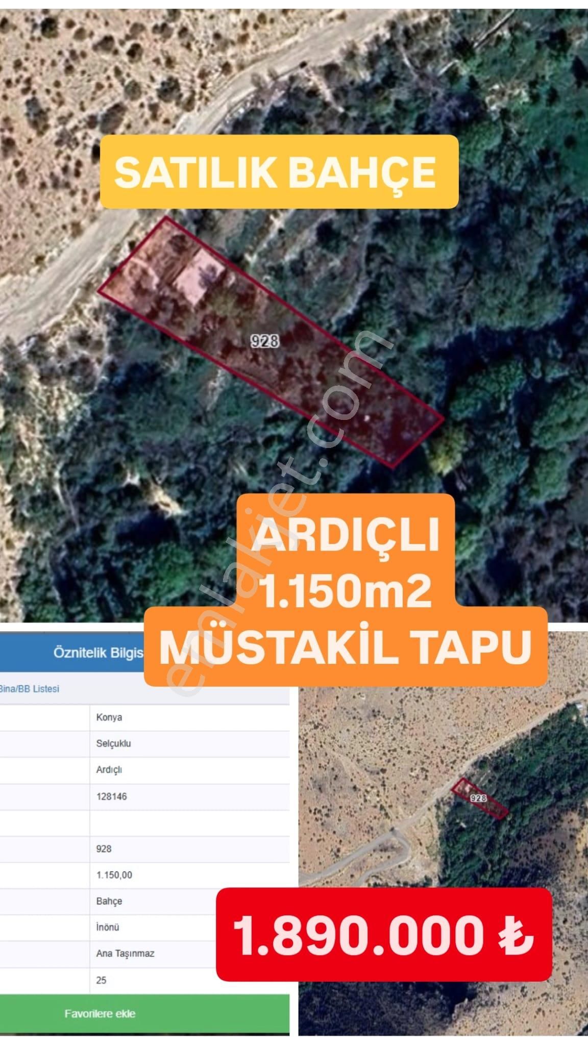 Selçuklu Ardıçlı'da Şehir Manzaralı 1150m2 Satılık Müstakil Bahçe