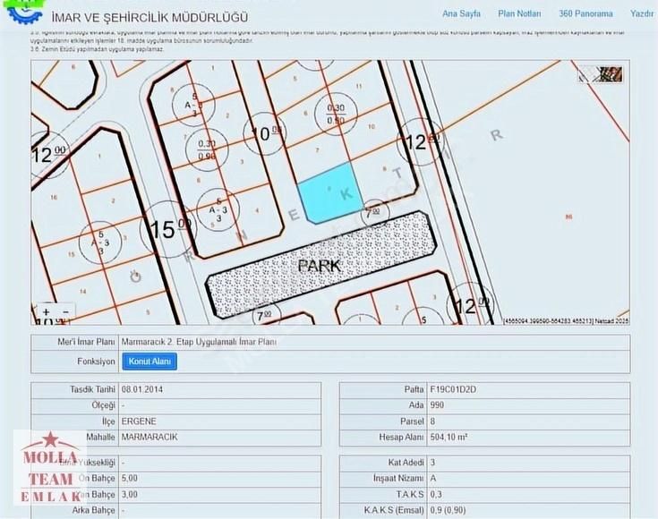 Molla Team'den Marmaracık'ta 3 Kat İmarlı 504 M2 Müstakil Arsa