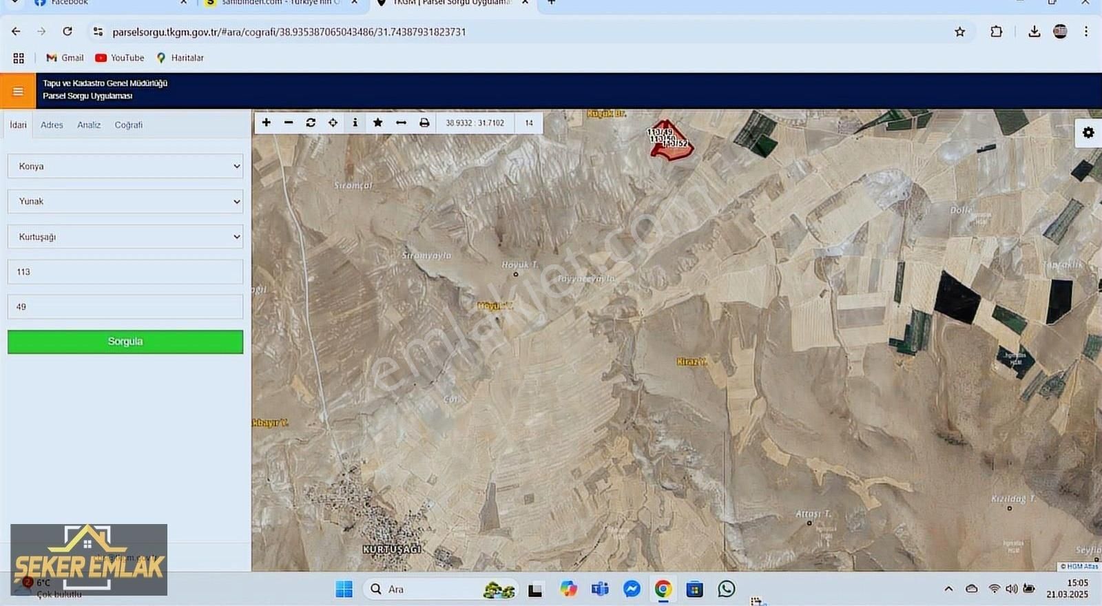Şeker Emlaktan Yunak Kurtuşağı Mah.de Satılık 102.000 M² Tarla
