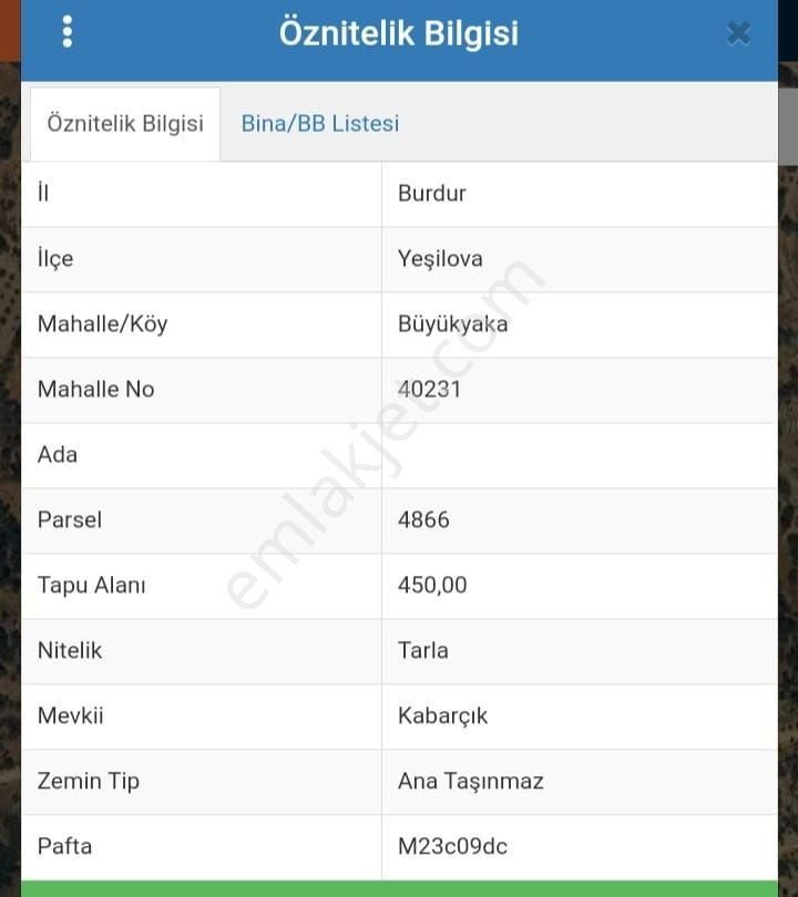 Burdur Yeşilova Büyükyaka Köyünde Satılık Tarla