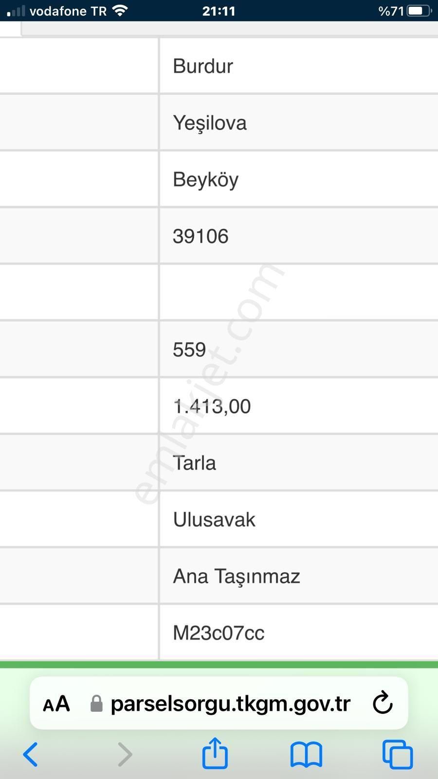 Burdur Yeşilova Beyköy Ky De Satılık Tarla
