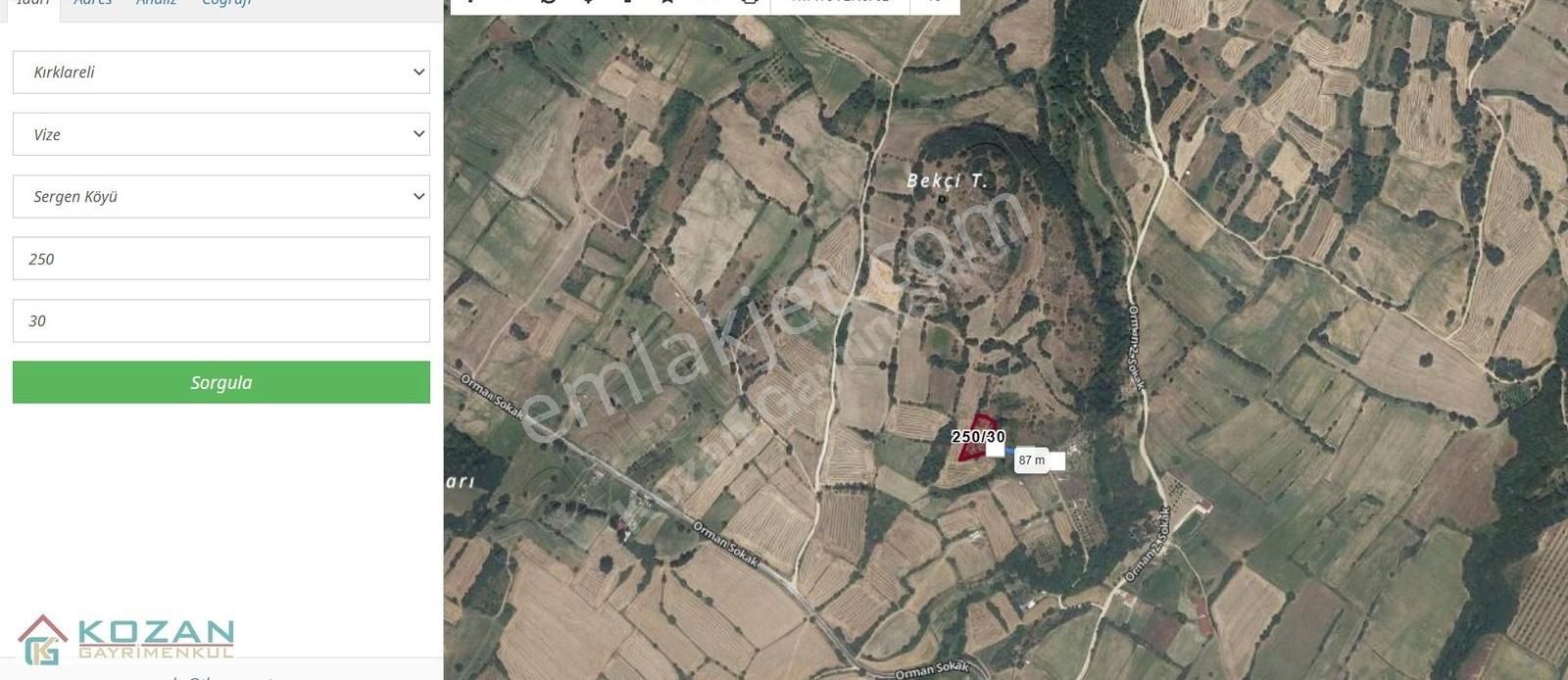 Kozan Gayrimenkul'den Kırklareli Vize,sergen Köyü 1.846.84 M2