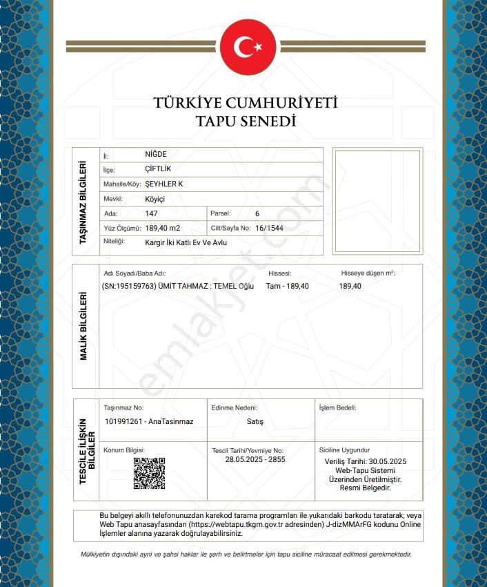 Niğde Çiftlik Müstakil Tapu Sahibi Perta Emlak Ümit Tahmaz