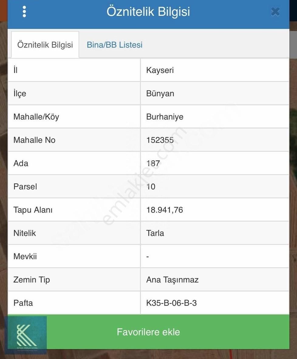 Bünyan Burhaniye'de Satılık Tek Tapu Tarla