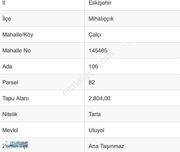 Turyap Sümerden Mihalıççık Çalçı Mahallesi Satılık Tarla