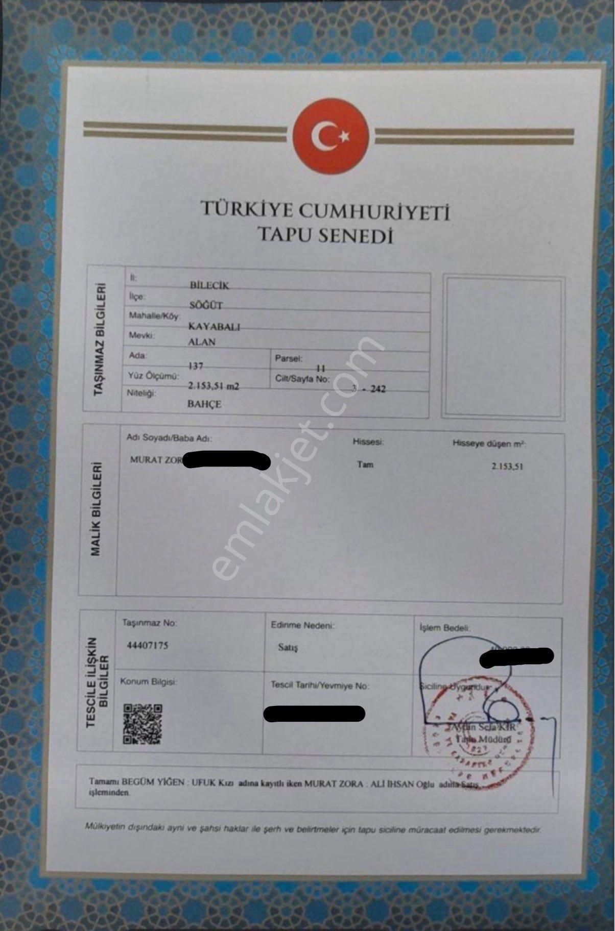 Sahibinden Bilecik Söğütte Satılık Bahçe