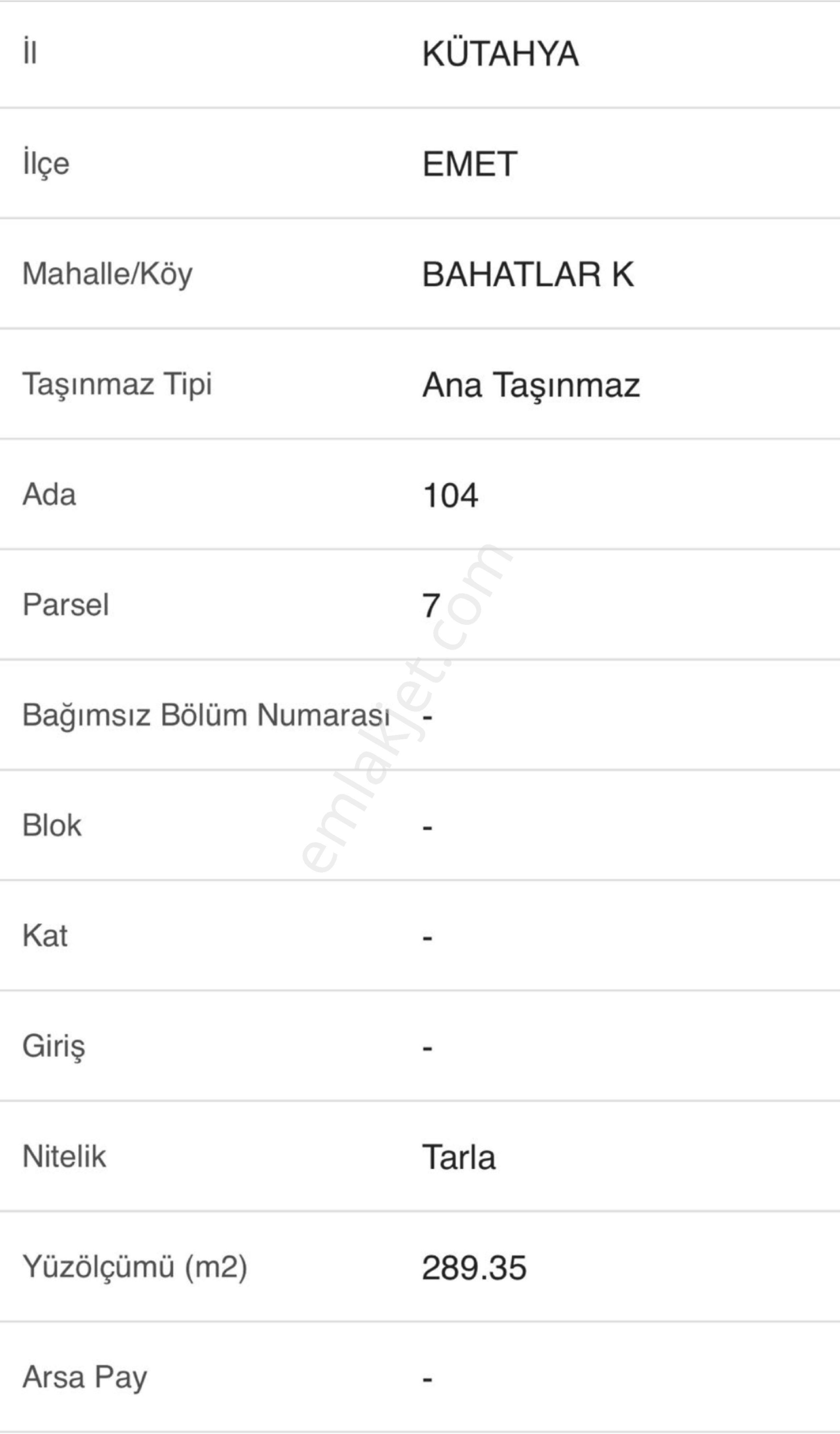 Sahibinden Emette Satılık Tarla