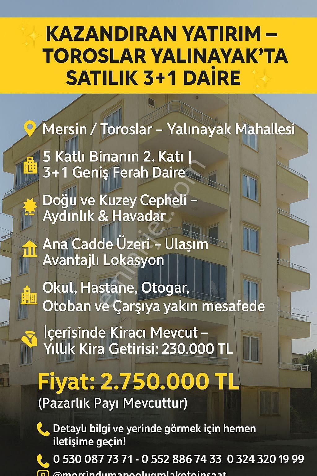 ✨ Kazandıran Yatırım – Toroslar Yalınayak’ta Satılık 3+1 Daire ✨