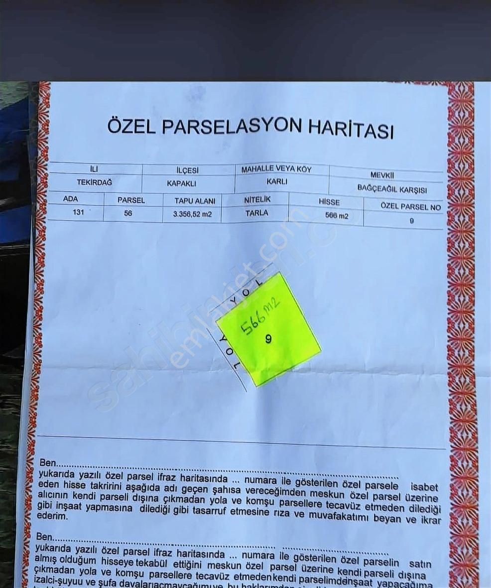 Kapaklı Karlı 566m Kadastro Yoluna Cephe Satılık Hisse