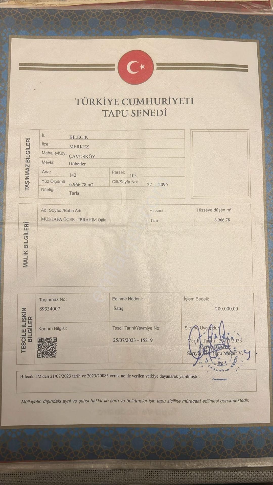 Bilecik Merkez Çavuşköy De Köy Merkzine 1.5 Km Mesafede 7000 M2 Tarla