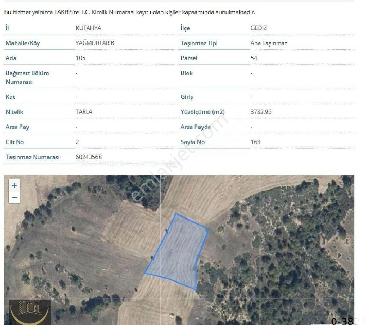 Kütahya Gediz Yağmurlar Köyünde Satılık Tek Tapu Tarla.