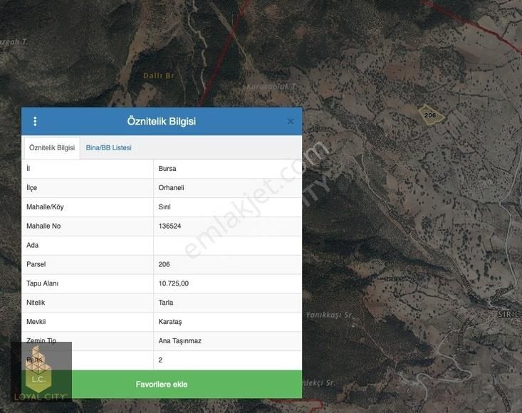 Bursa İli Orhaneli İlçesi Sırıl Mh.'de Satılık 10.725 M2 Tarla