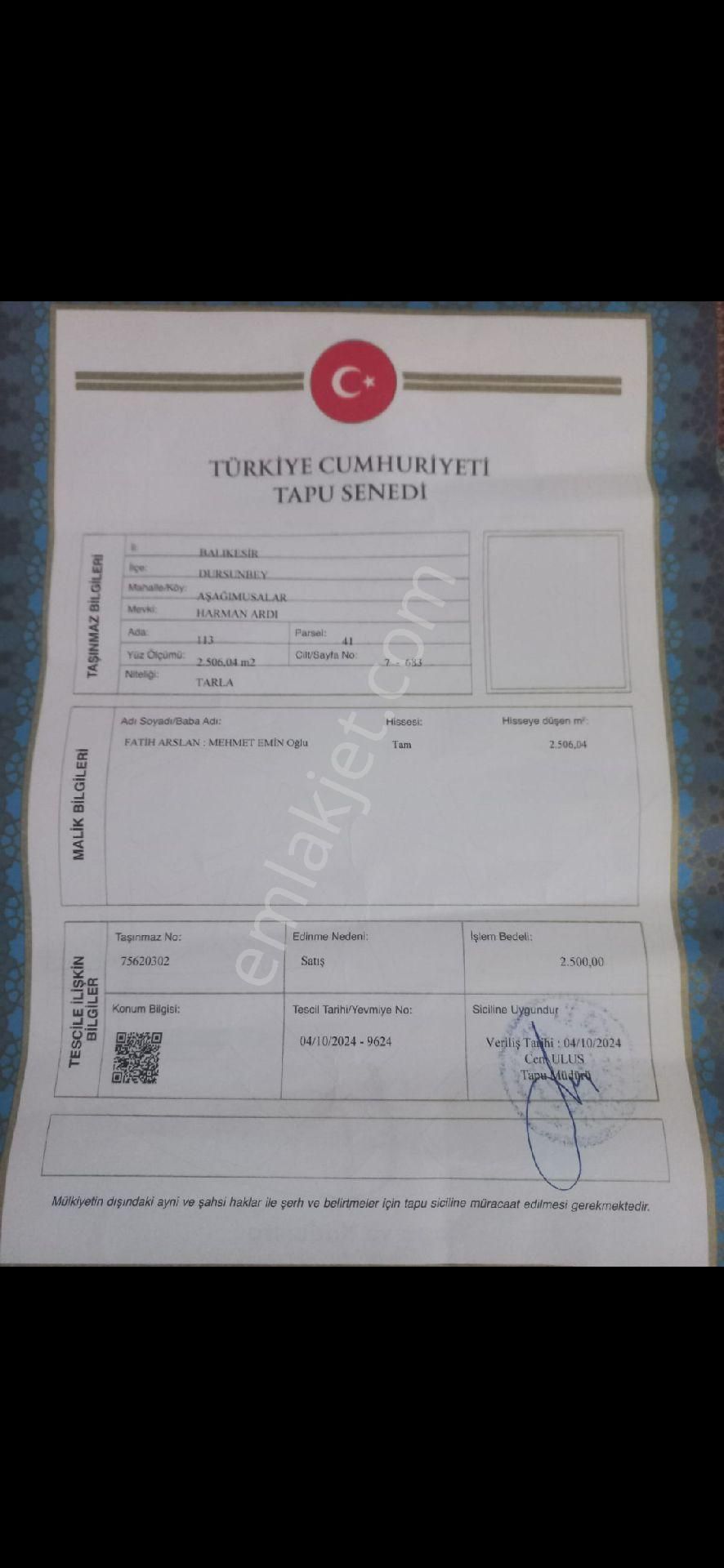 Balikesir Dursunbeyde Acil Satilik Arazi