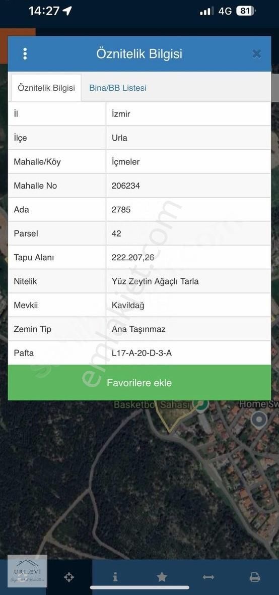 Urla İçmelerde Satılık 85 M2 Hisseli Tarla