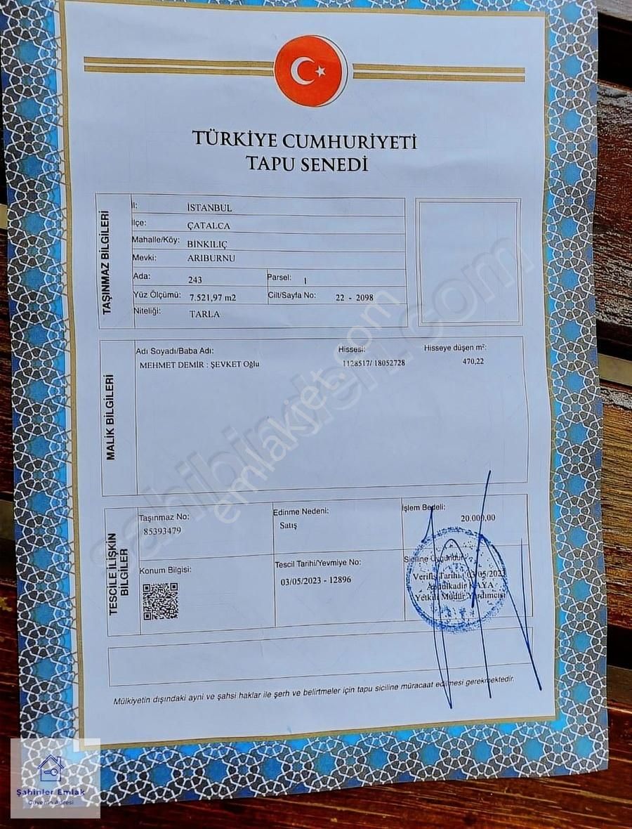 Çatalca Binkılıç 503 M2 Resmi Yolu Var Çaplı Muvafakatnameli