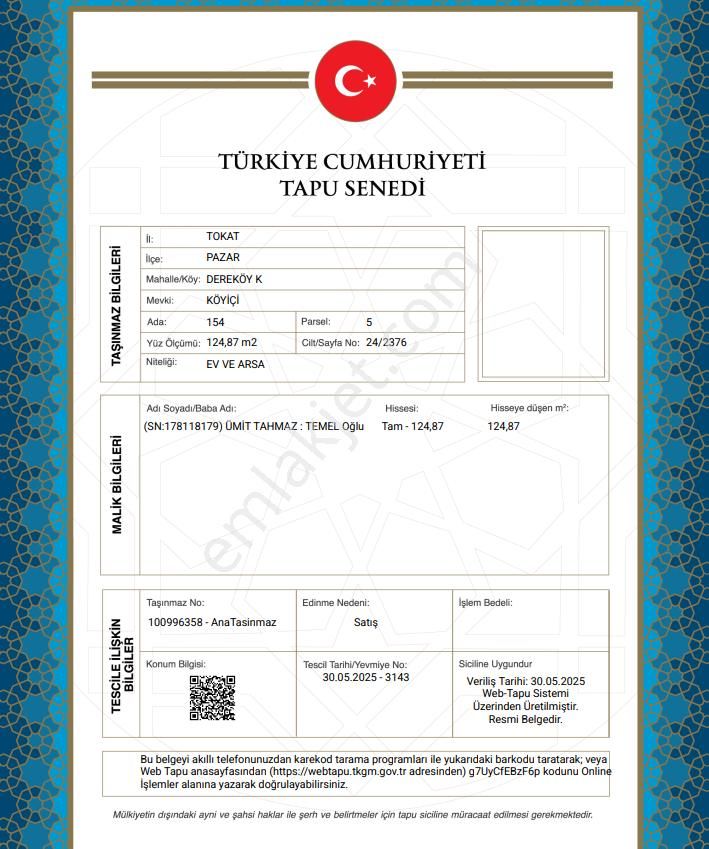 Tokat Pazar Müstakil Ev Tapu Sahibi Perta Emlak Ümit Tahmaz