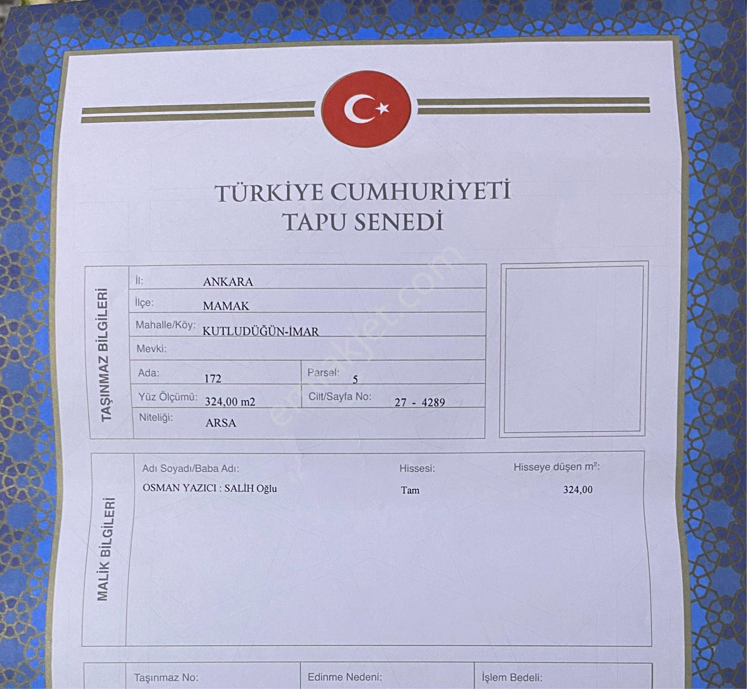 Sahibinden Tek Tapu İmarlı Köşe Parsel
