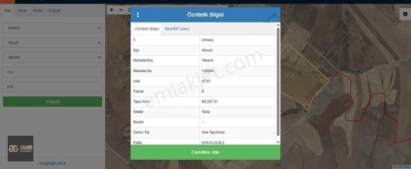 Grand'dan Akyurt Teberik'te 89.267 M2 'tek Tapu' Satılık Tarla