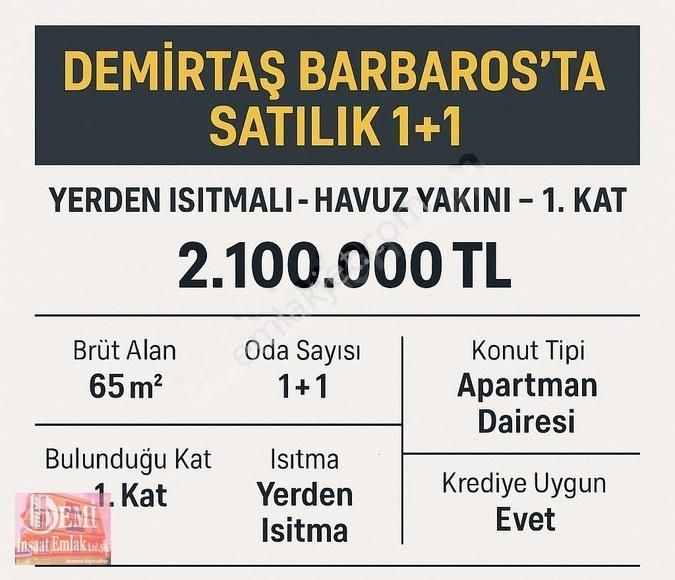 Sıfır 1+1 Yerden Isıtmalı Barbaros Mahallesi Caddeye Çok Yakın
