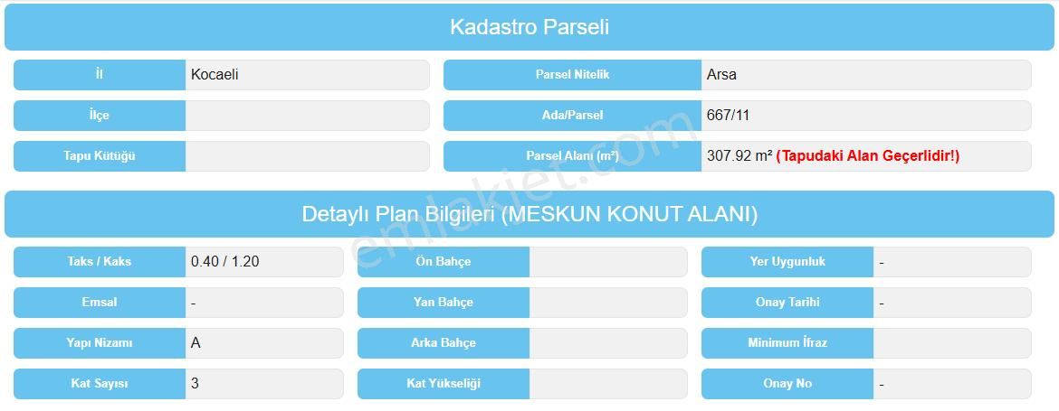 Kocaeli Kartepe İstasyonda 307m2 İmarlı Parsel