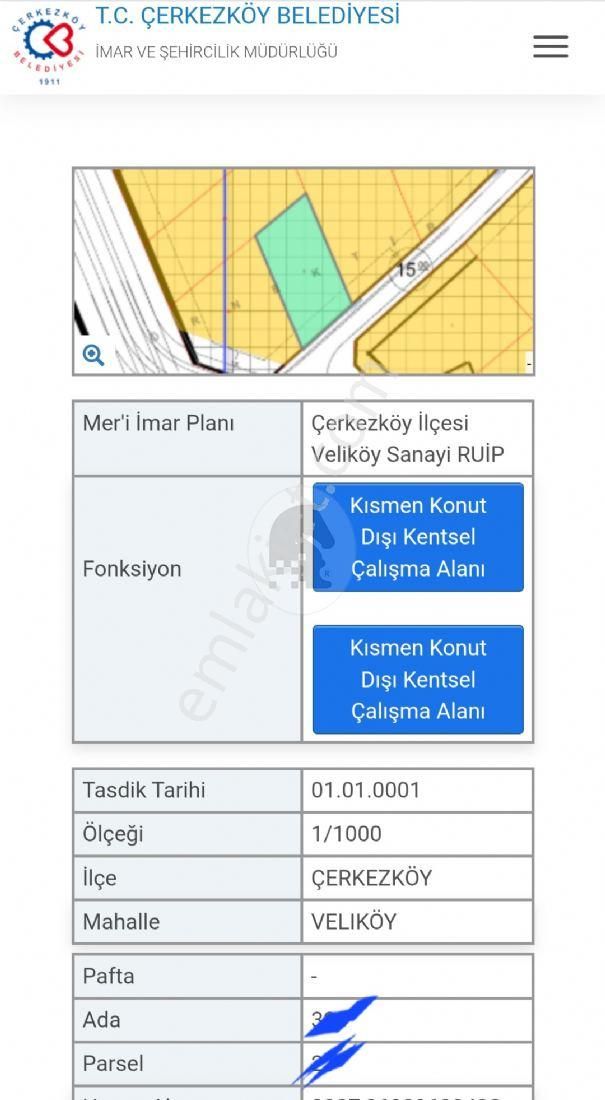 Veliköy Üretim İzinli Konut Dışı Kentsel Çalışma İmarlı Arsa P.no: 1758