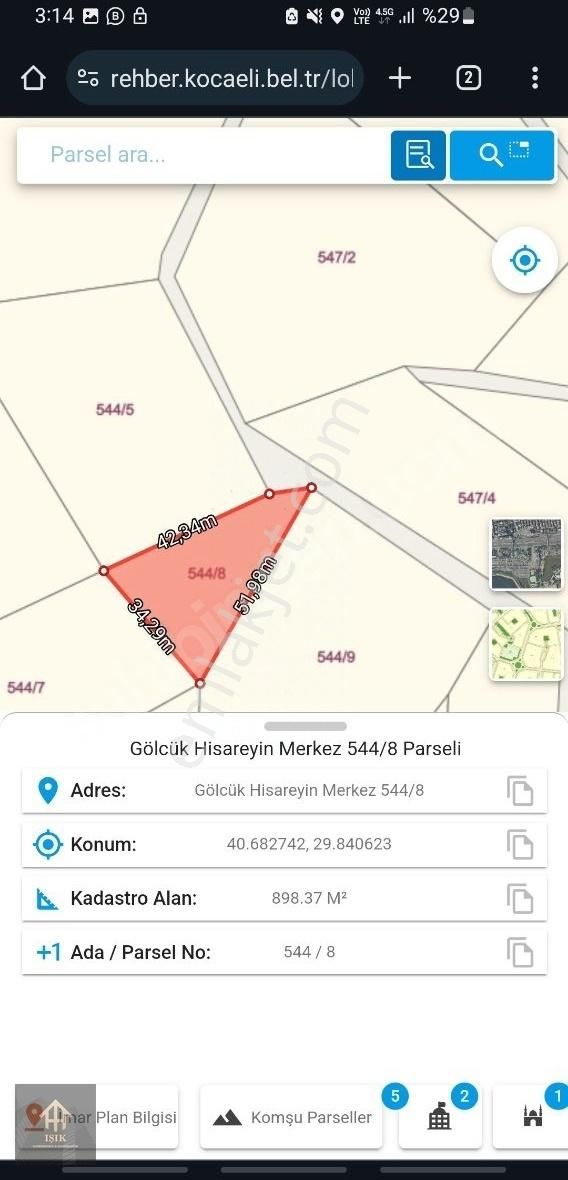 Gölcük Hisareyn'de Satılık 898 M2 Resmi Yollu Tarla