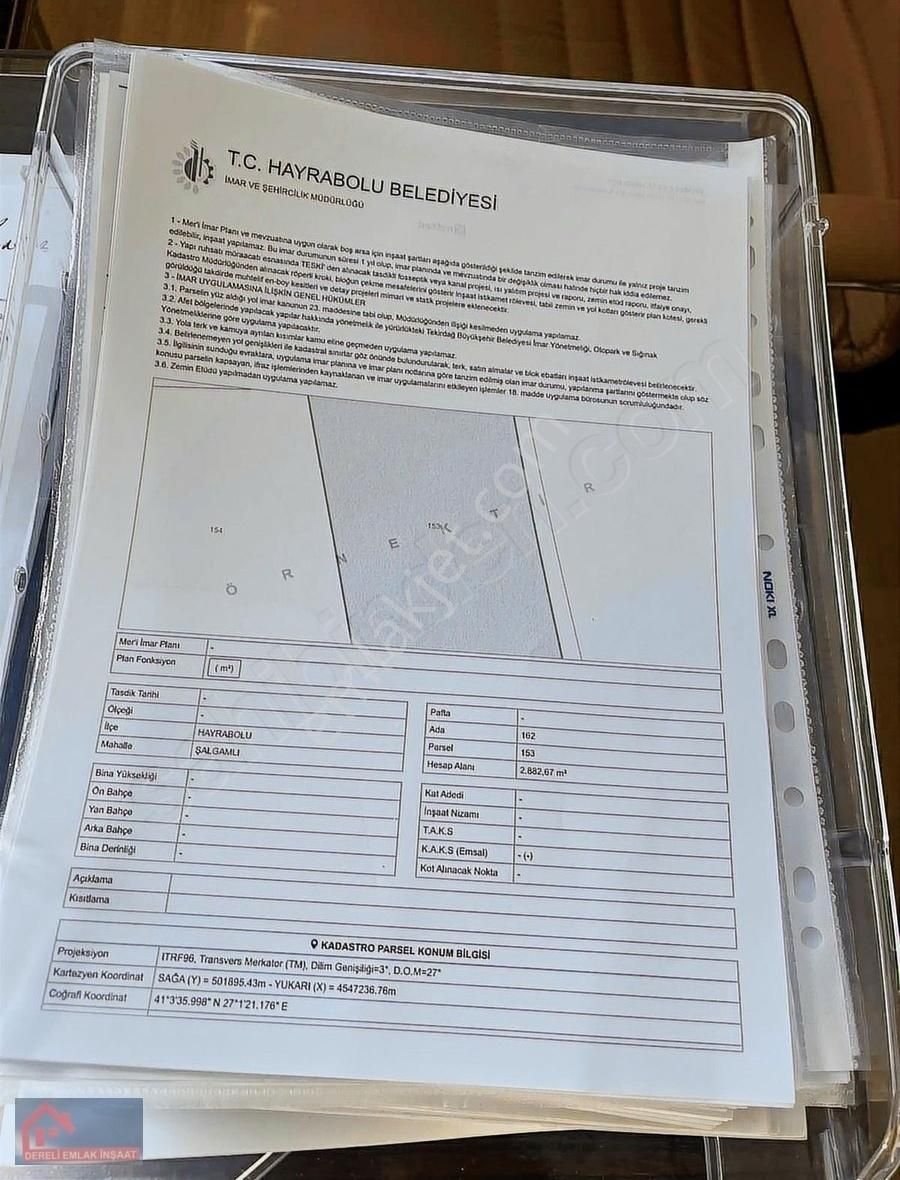 Dereliemlaktan Hayrabolu Salgamlıda Satılık 2882 M2 Arsa