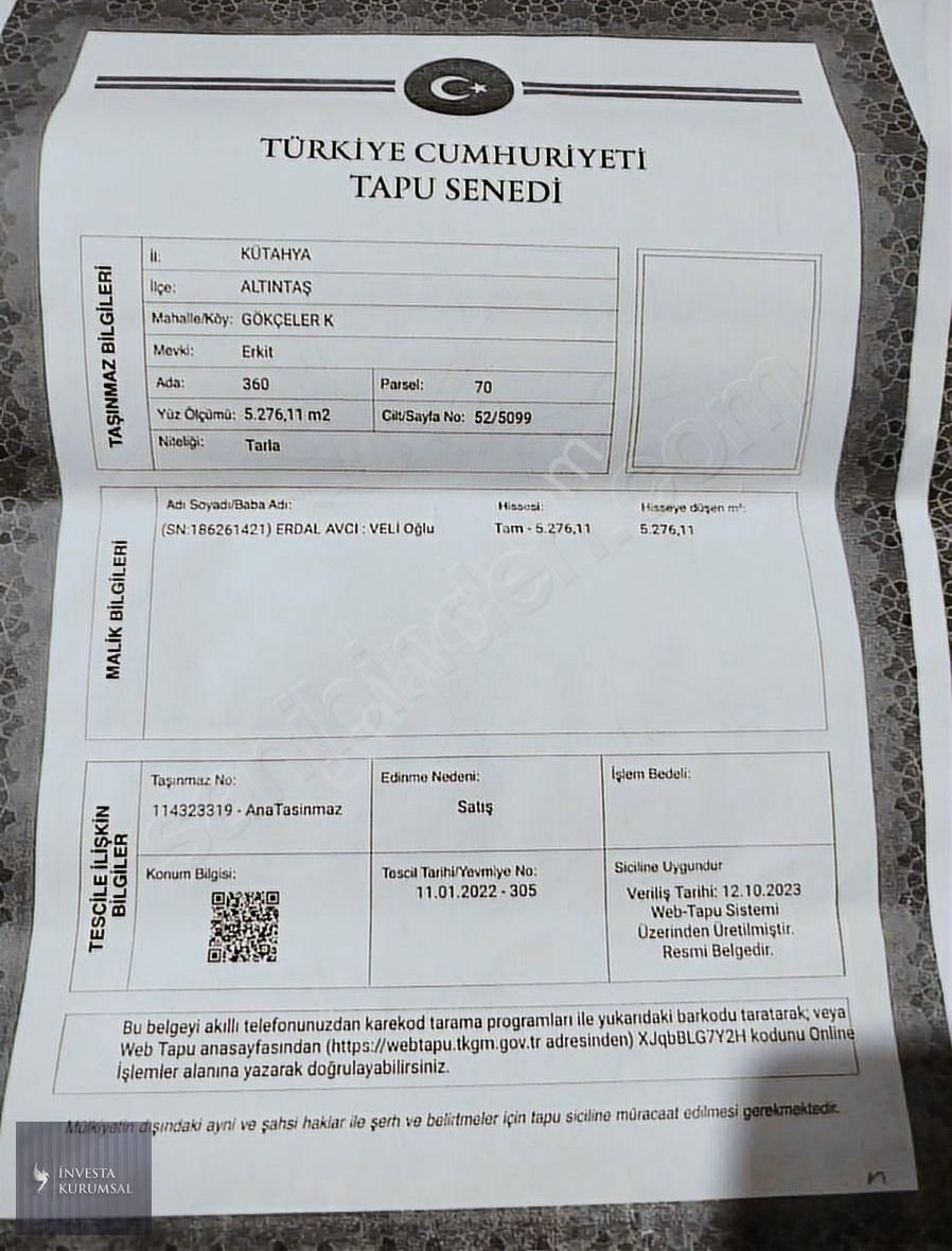 İnvesta'dan Kütahya/altıntaş Satılık İki Tapu Yanyana Tarla