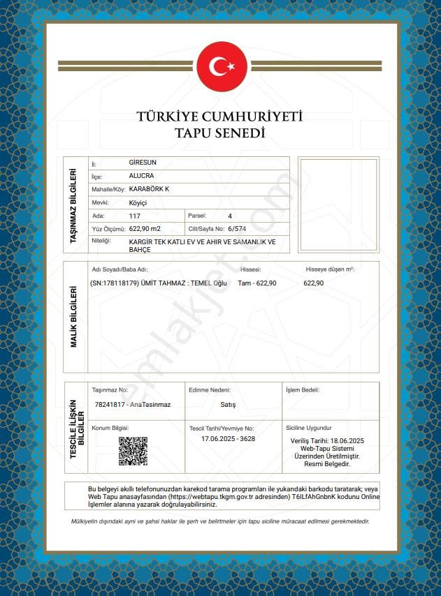 Giresun Alucra Müstakil Tapu Sahibi Perta Emlak Ümit Tahmaz