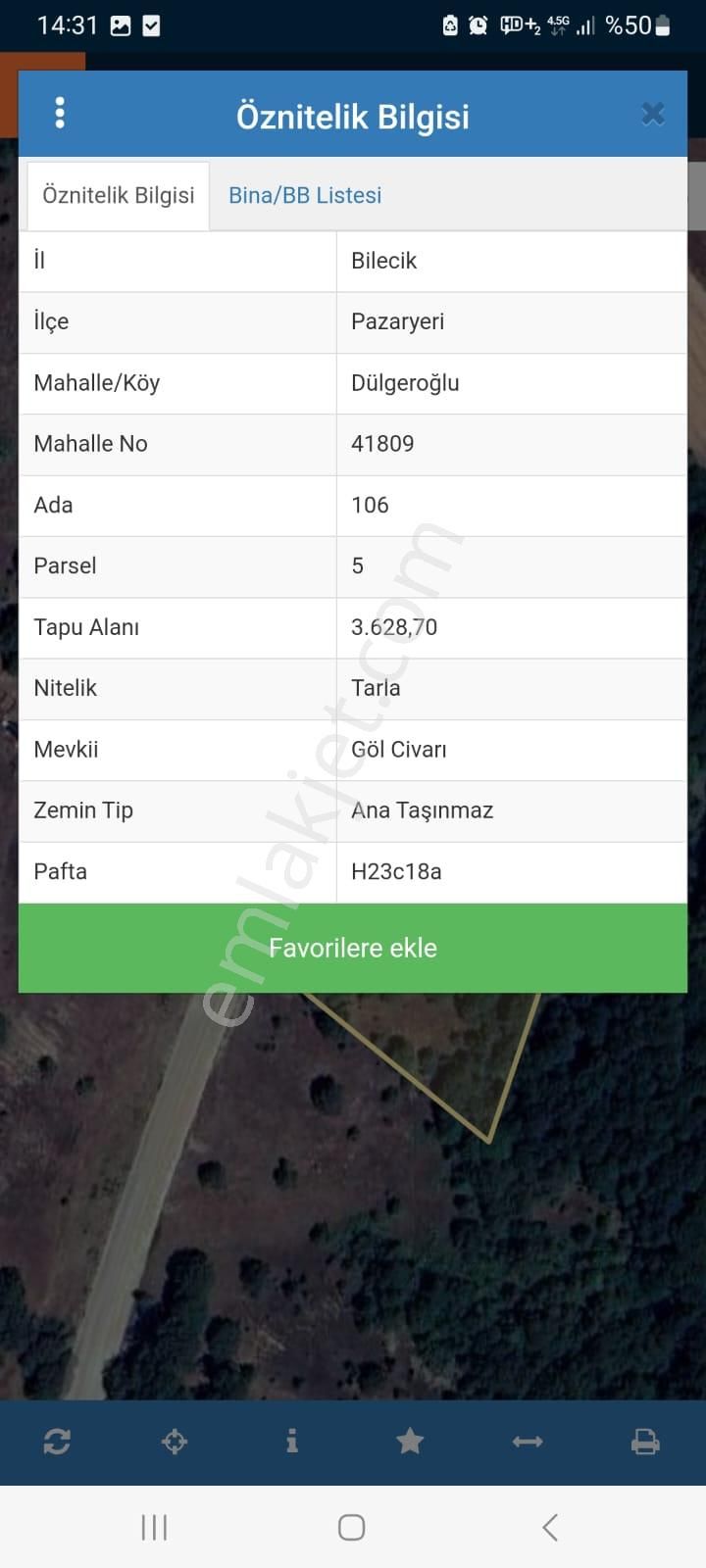 Bilecik Pazaryeri Dülgeroğlu Köyü 3.629m2 Satılık Emsalsiz Tarla