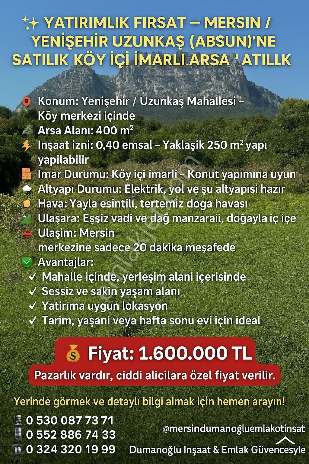 ✨ Yatırımlık Fırsat – Mersin / Yenişehir Uzunkaş (absun) Mahallesi'nde Satılık Köy İçi İmarlı Arsa ✨