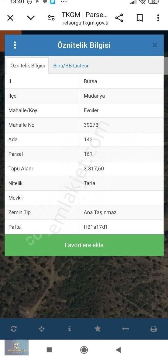 Mudanya Evciler Satılık Tarla