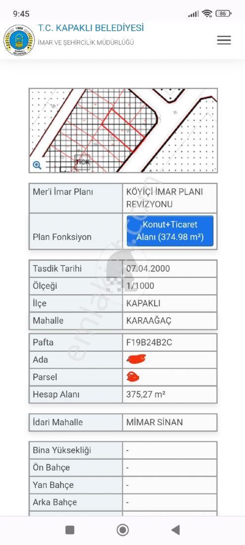 Aciiiiiillll Kapaklı Kara-ağaçta Satılık Arsa P.no.1327 M