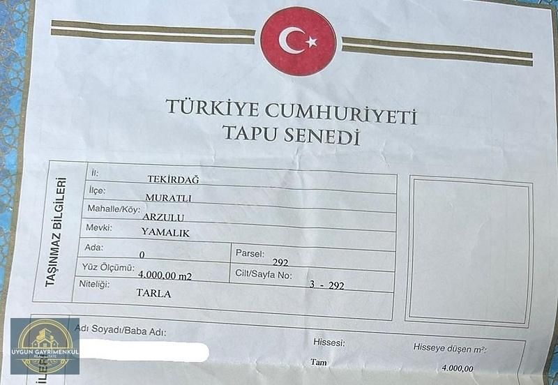 Acil Satılık Muratlı Da Resmi Yola Cepheli Tek Tapu Arsa