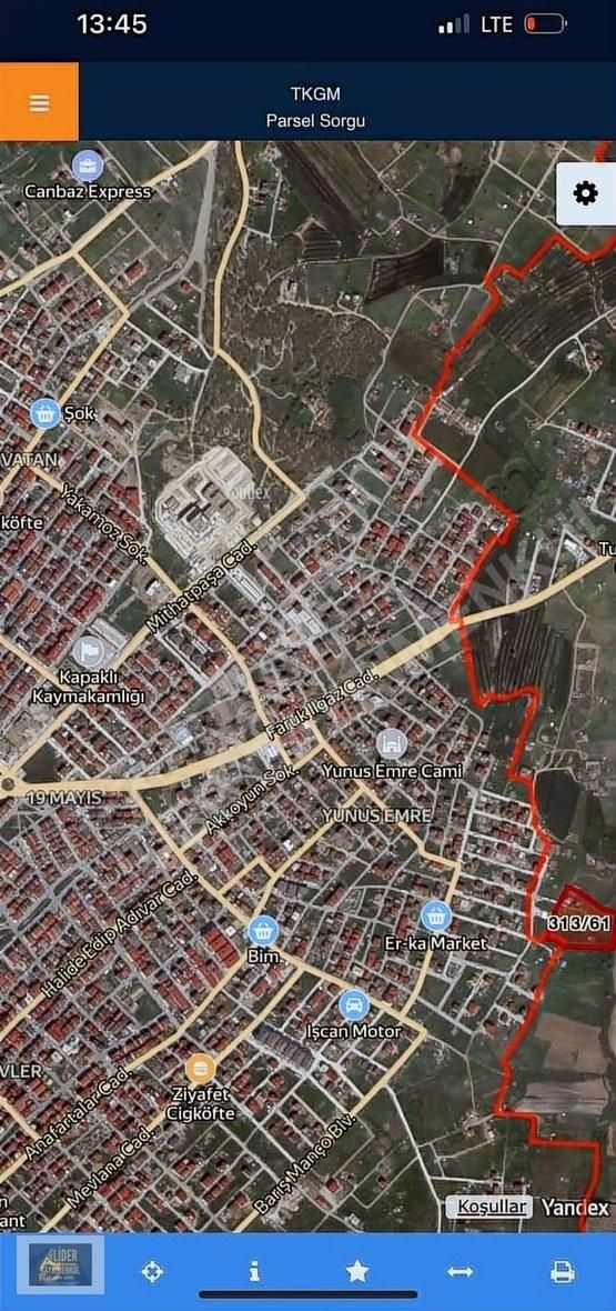 Lider'den Kapaklı Pınarça'da300m²mahle İçi Hisseliparselçapı Var