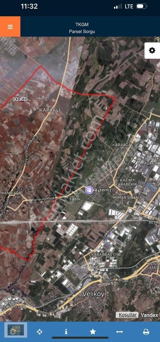 Çerkezköy Kapaklı Yanıkağıl Mah.1.232m²kadastro Yoluna Cephehise