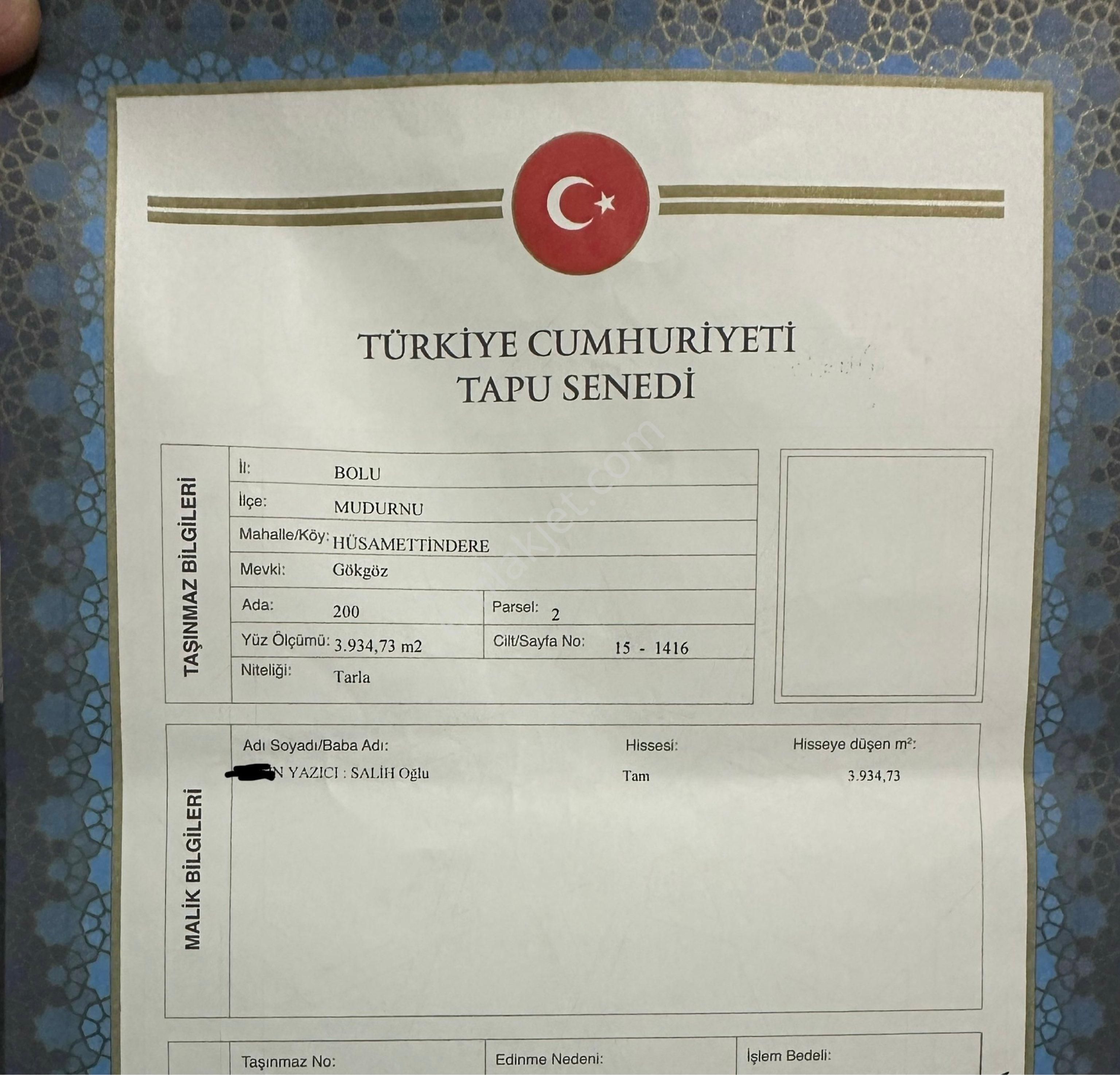 Sahibinden 4 Dönüm Tek Tapu Fırsat