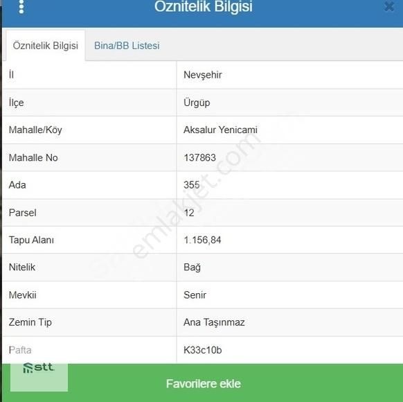 Stt Gyo'dan Ürgüp Aksalurda Satılık 1156 M2 Tek Tapu Bağ