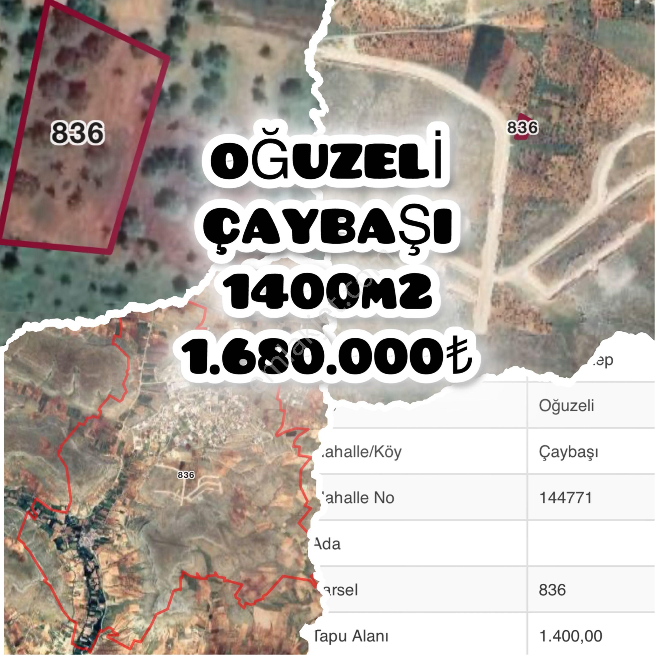 ✅tik’emlak Oğuzeli Çaybaşı 1400m2 1.680.000₺