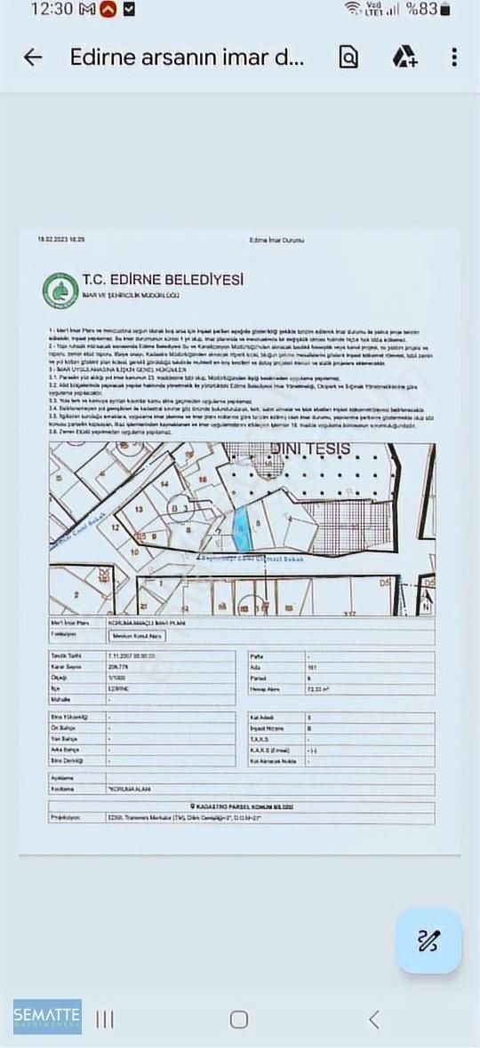 Satılık Müstakıl İmarlı Arsa Edirne Merkezde 73 M2