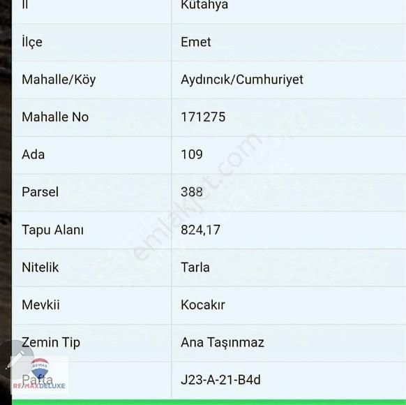 Kütahya Emet Yatırımlık Tarla Müstakil Tapu