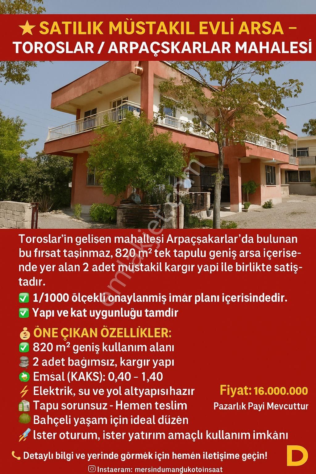 ⭐ Satılık Müstakil Evli Arsa – Toroslar / Arpaçsakarlar Mahallesi ⭐