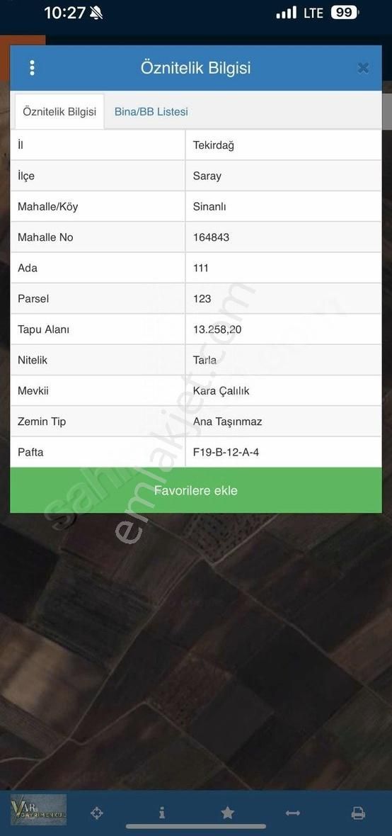 Tekirdağ Saray Sinanlıda Tek Tapu 13.258 M2 Tarla