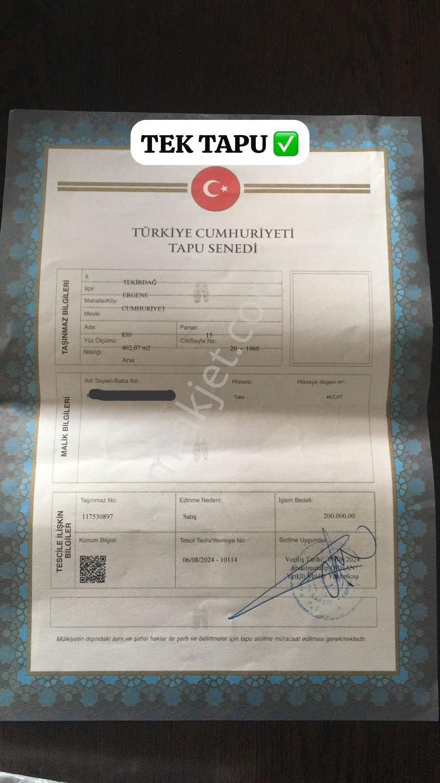 Tekirdağ Ergenede İmarlı 462 M2 İfrazlı Fırsat Arsa